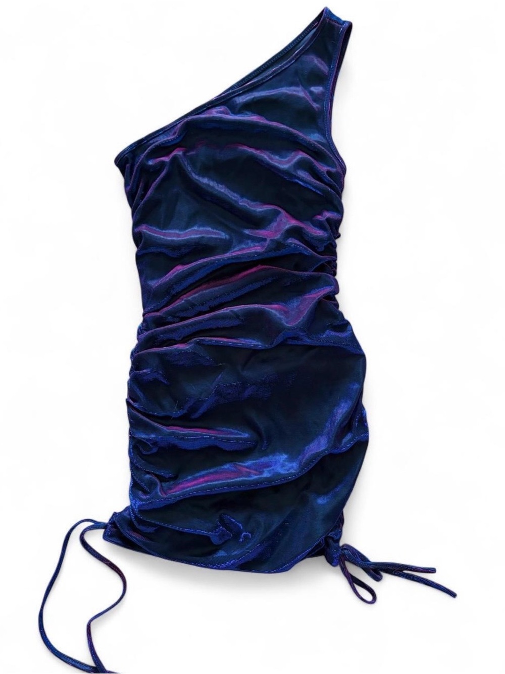 One-Shoulder Ruched Satin Mini Dress in Deep Blue Iridescent Purple and Magenta